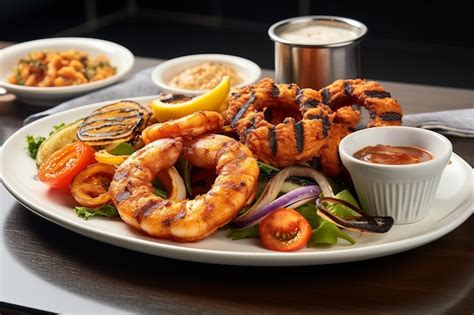 Un Plato De Mariscos Con Camarones A La Parrilla Pulpo Y Anillos De