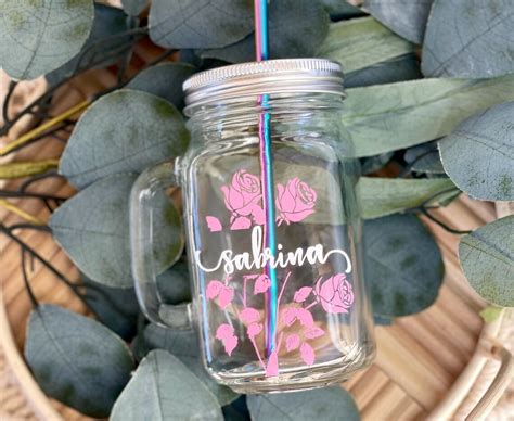 Mason Jar Coffee Mug Rose Design Iced Drinks Personalized Etsy