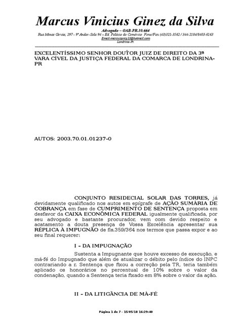 Réplica À Impugnação Cumprimento De Sentença Pdf Sentença Jurídico