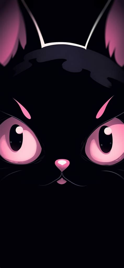 a black cat's face with pink eyes