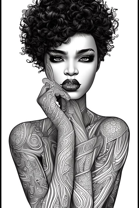 Black And White Coloring Page Black Bombshell African American Woman · Creative Fabrica