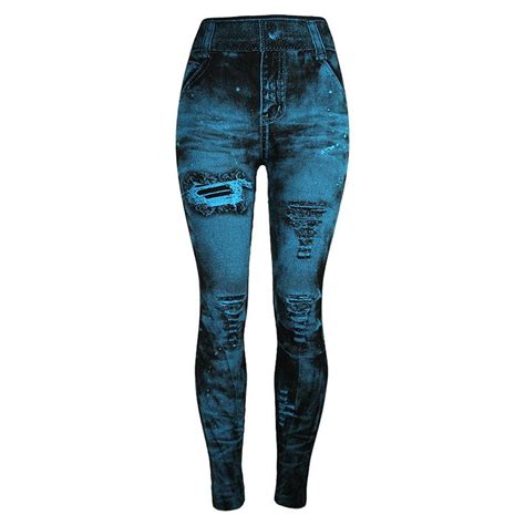 Afeng New Women Imitation Distressed Denim Jeans Leggings Casual High