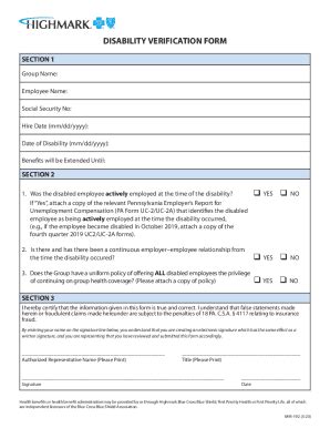 Fillable Online DISABILITY VERIFICATION FORM Highmark Fax Email Print