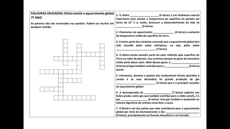 Palavras cruzadas 7º ano Efeito estufa e aquecimento global YouTube