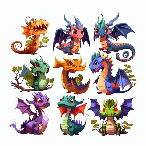 Premium Vector Set Of Cute Dragons Isolated On Background Cartoon Flat Vector Illustration