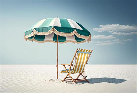 Beach Chair And Umbrella On The Sand Against Blue Sky With Clouds