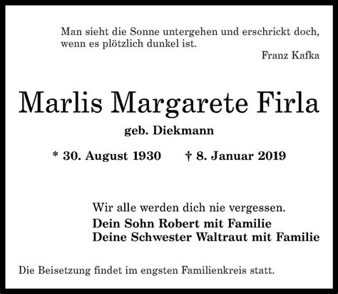 Traueranzeigen Von Marlis Margarete Firla Rz Trauer De