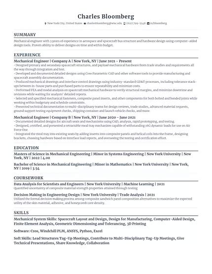 Spacecraft Mechanical Engineer Resume Resume Examples For Rezi