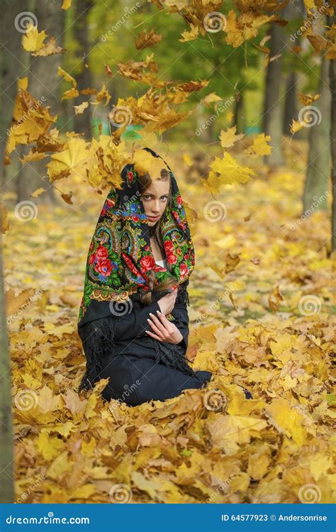 Young Beautiful Brunette Woman Posing Outdoors In Autumn Park Stock