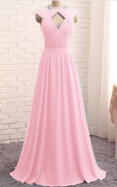 Pink Long Chiffon Prom Dresses Pleat Crystals Women Dresses On Luulla