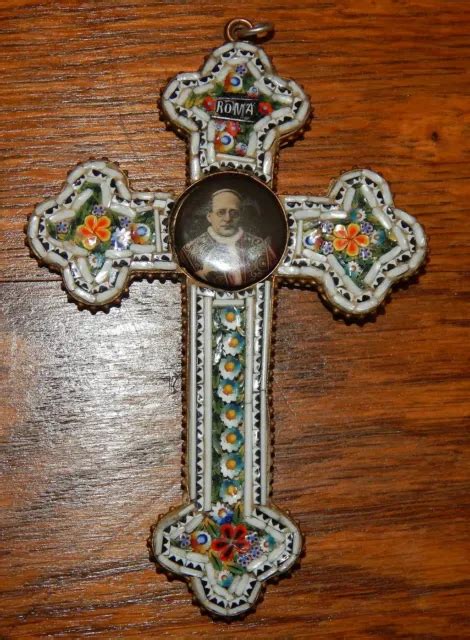 Ancienne Croix Pectorale Pie Xi Murano Millefiori Italie Laiton Cross