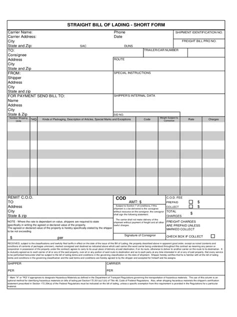 Straight Bill Of Lading Short Form Template Free Invoice Design