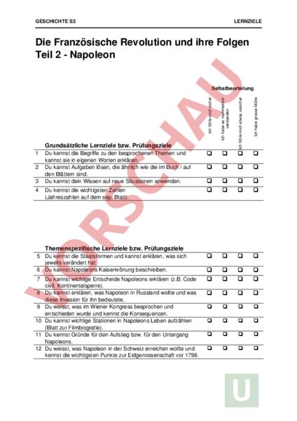 Arbeitsblatt Lernziele Französische Revolution Geschichte Neuzeit