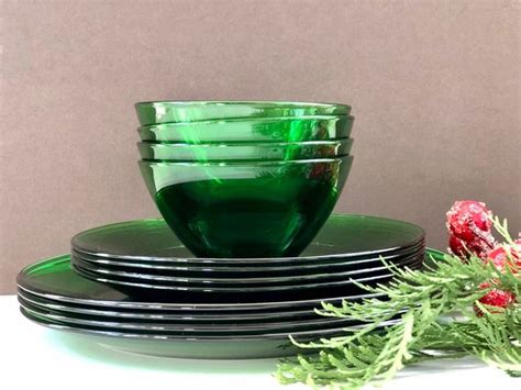 Sets 4 Green Glass Plates And Bowls Midcentury Emerald Forest Etsy Plates And Bowls Bowl