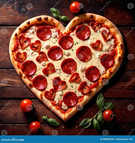 Romantic Heart Shaped Pizza With Pepperoni And Cheese Stock