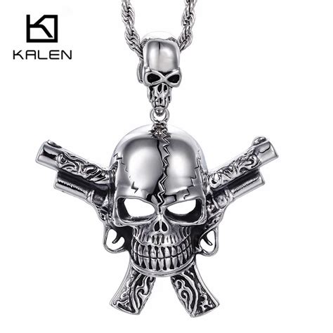 Kalen Punk Skull And Pistol Pendant Necklace Mens Stainless Steel Skull And Gun Necklace Jewelry