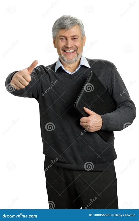 Joyful Mature Man Raised Thumb Up Stock Image Image Of Folder