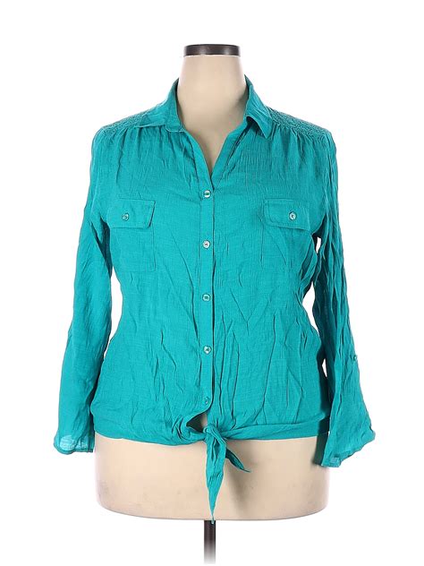 Westbound Checkered Gingham Teal Long Sleeve Blouse Size 2x Plus 62