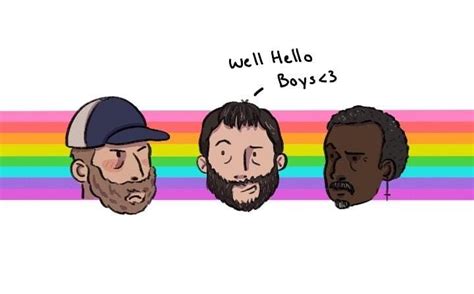 Three Men With Beards And Hats Are In Front Of A Rainbow Striped