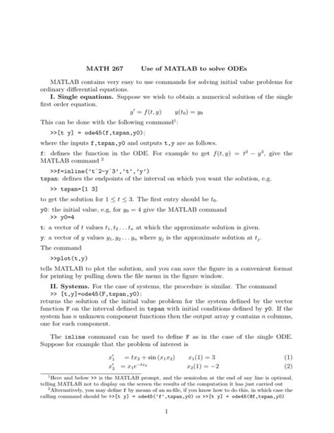 Math 267 Use Of Matlab To Solve Odes