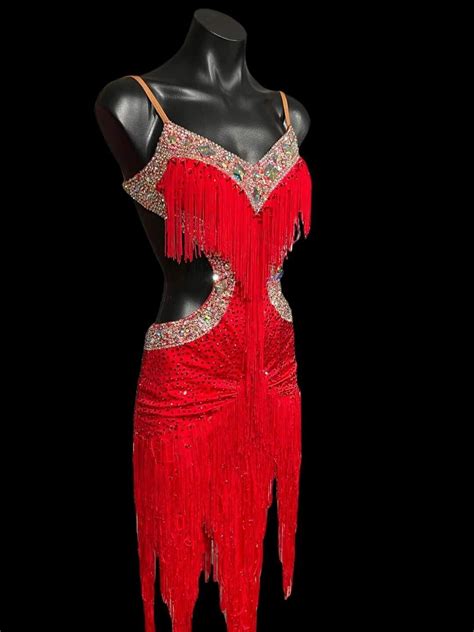 Red Rhythm Latin Ballroom Dance Dress Competition Cos Gem