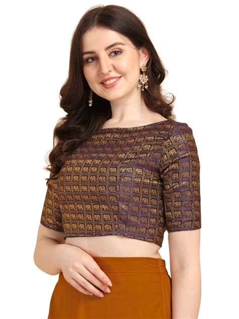 Blue And Golden Women Elephant Printed Jacquard Readymade Blouse At Rs