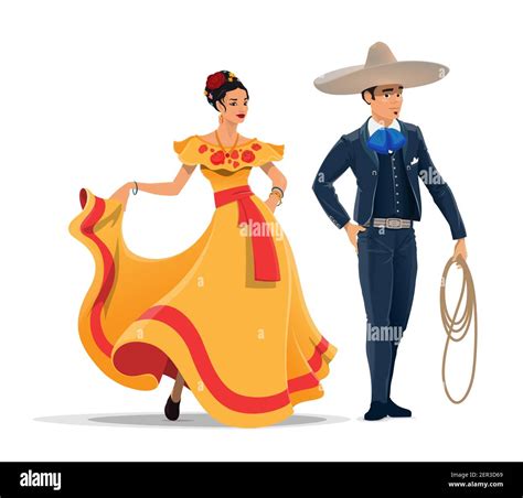 Mexican Man And Woman Vector Cartoon Characters With National Clothes