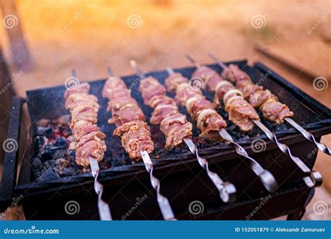 Raw Kebab Cooking On Metal Skewer Roasted Meat Cooked At Barbecue