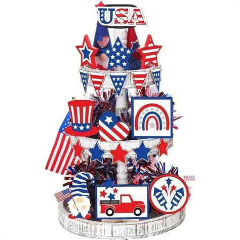 Pffriz Patriotic Sign Decor Tiered Tray Decorative Set Independence Day