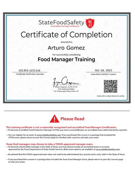 Food Safety Manager Training Certificate Pdf