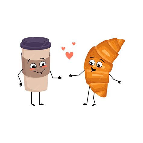 Premium Vector Cute Cup Of Coffee And Croissant Characters With Love