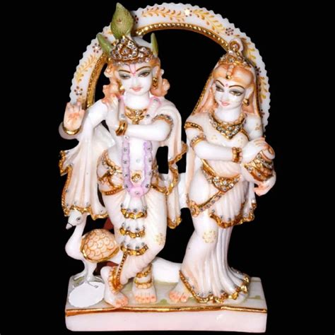 Painted Hindu White Marble Radha Krishna Statue For Worship Size