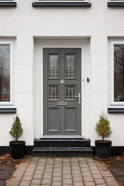 Premium Photo A Gray Front Door With Potted Plants In Front