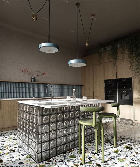 A Kitchen With An Island And Two Stools In Front Of The Counter Top