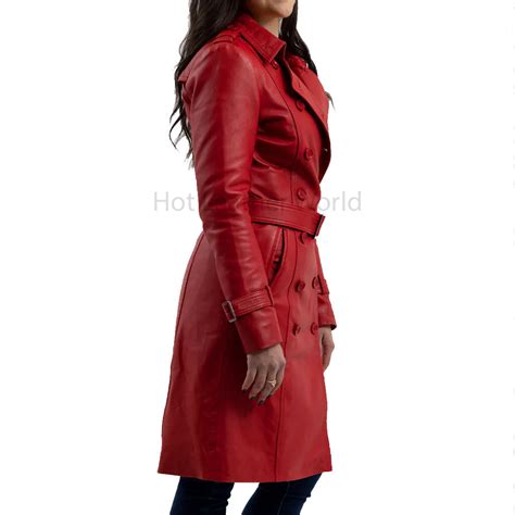 Hot Red Double Breasted Women Leather Trench Coat Hotleatherworld