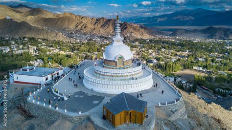 Aerial View Shanti Stupa Buddhist White Domed Stupa Overlooks The City