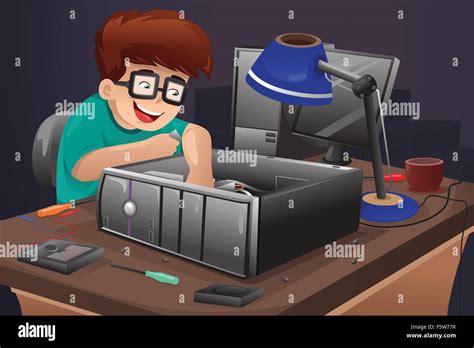 Cartoon Computer Technician Repairing Computer Hi Res Stock Photography