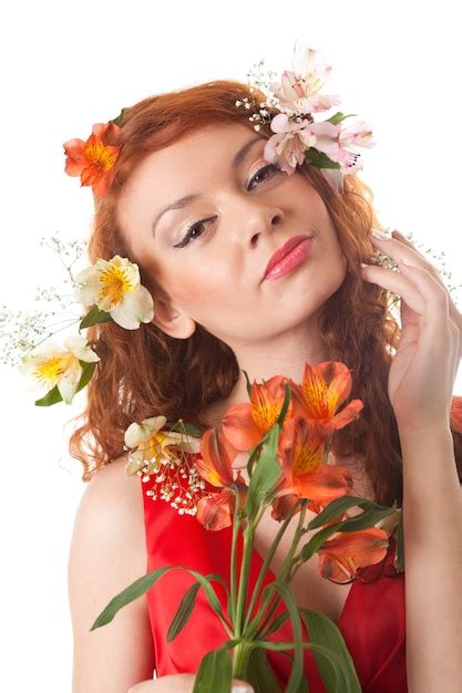 Premium Photo Portrait Of Beautiful Woman With Spring Flowers On White