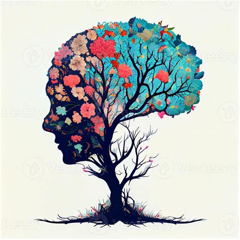 Human Brain Tree With Flowers And Butterflies Concept Of Self Care