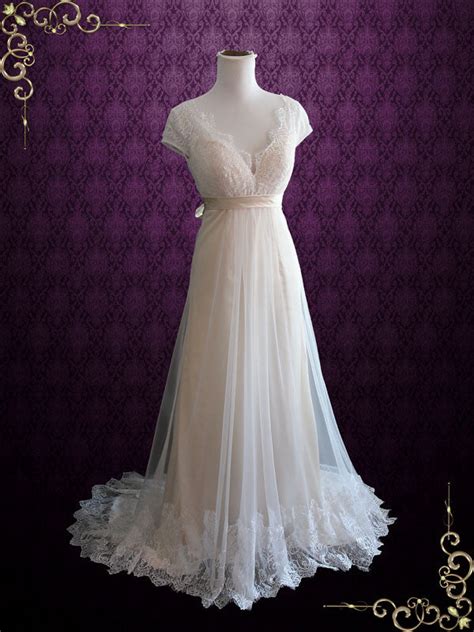 Whimsical Empire Lace Tulle Beach Wedding Dress With Cap Sleeves And O Ieie