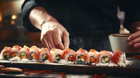 Premium Photo Professional Chef Hands Preparing Sushi Maki Rolls