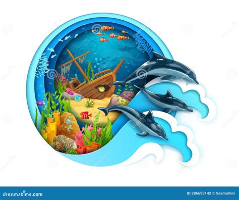 Sunken Ship Dolphins On Paper Cut Sea Landscape Stock Vector