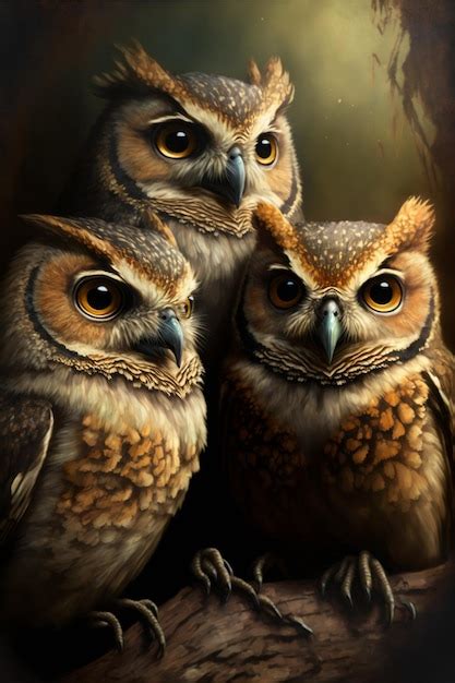 Premium Ai Image A Painting Of Three Owls With Yellow Eyes And A