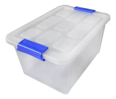 Caja Organizadora De Plastico Transparente L Con Tapa Color Azul Liso