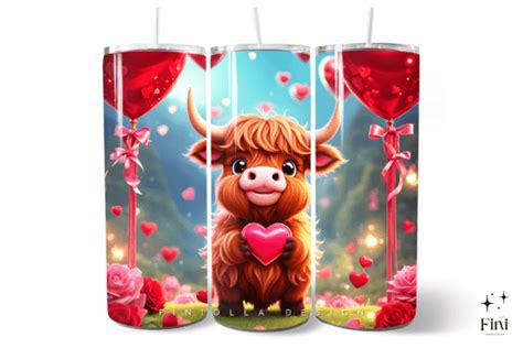 3D Highland Cow Valentines Tumbler Wraps Graphic By Finiolla Design