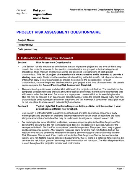 Risk Assessment Survey Sample In Word And Pdf Formats Images