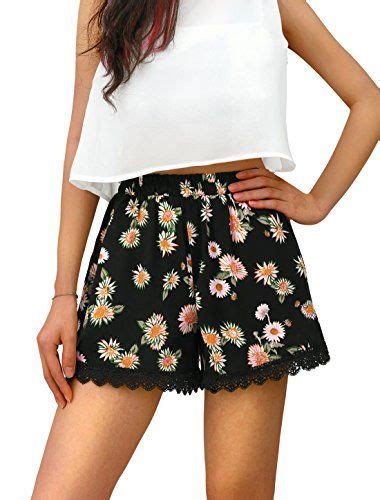 Allegra K Women Allover Printed Lace Trim Elastic Waist Shorts Floral