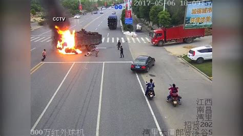 Motorcyclist Bursts Into Flames After Colliding With Truck In China