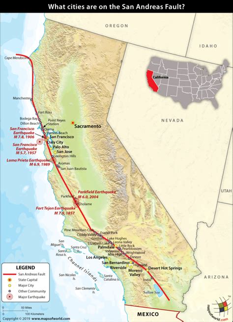 Map Showing Cities which are on the San Andreas Fault - Answers