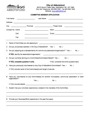 Fillable Online Committee Member Application Form January City